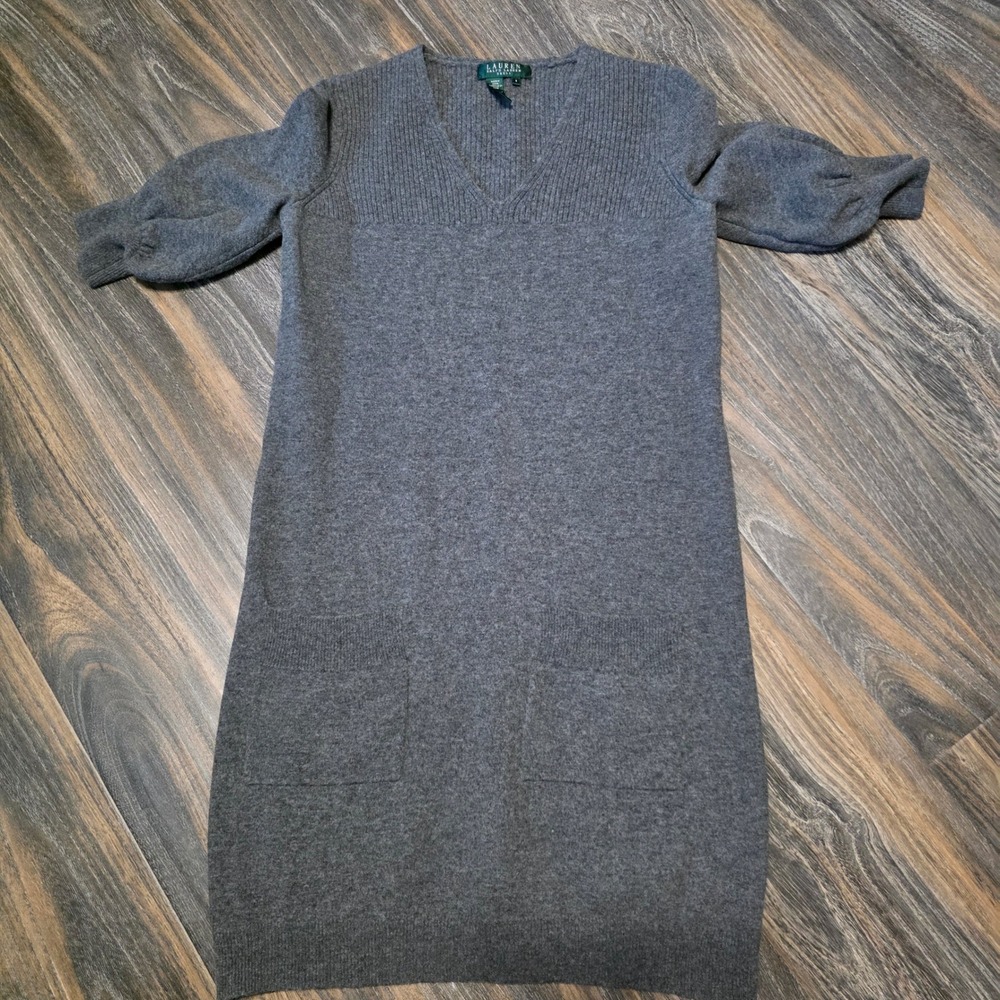 Lauren Ralph Lauren Wool Cashmere Sweater Dress Gray V-Neck Puff Sleeve Small
